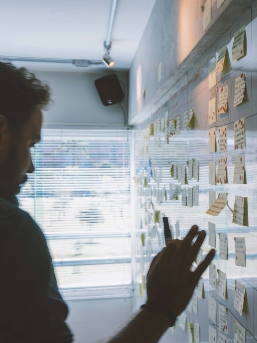 Strategy workshop around a planning wall